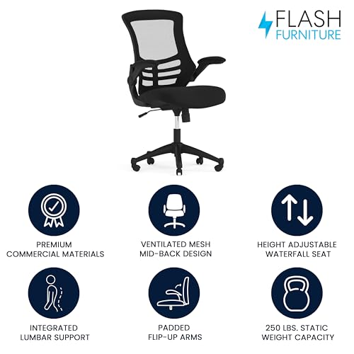 Kelista Mid-Back Swivel Office Chair with Adjustable Seat Height, Ergonomic Mesh Desk Chair with Flip-Up Armrests, Black