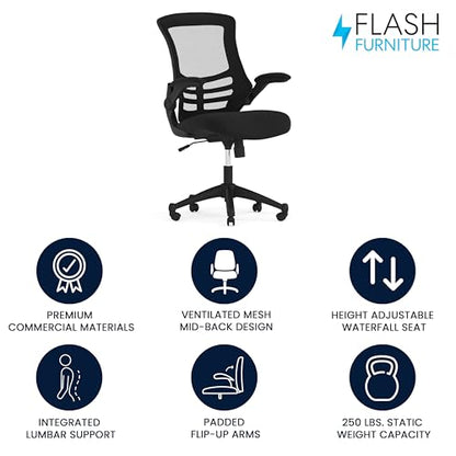 Kelista Mid-Back Swivel Office Chair with Adjustable Seat Height, Ergonomic Mesh Desk Chair with Flip-Up Armrests, Black