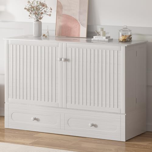 Queen Murphy Bed with USB Charging Station, Murphy Cabinet Bed with Storage Drawer, Space-Saving Hidden Cabinet Chest Beds for Guest Room Living Room, No Mattress, White