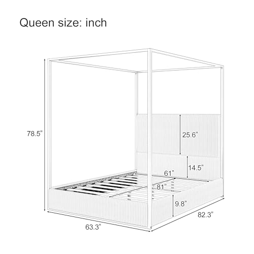 Queen Size Upholstered Canopy Bed Frame with Tall Corduroy Headboard, view 3