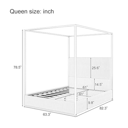 Queen Size Upholstered Canopy Bed Frame with Tall Corduroy Headboard, view 3