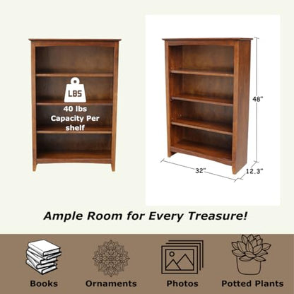 Solid Wood Bookcase 48" High, Adjustable Shelves, Parawood Construction, Easy Assembly, Kitchen/Dining Storage Furniture