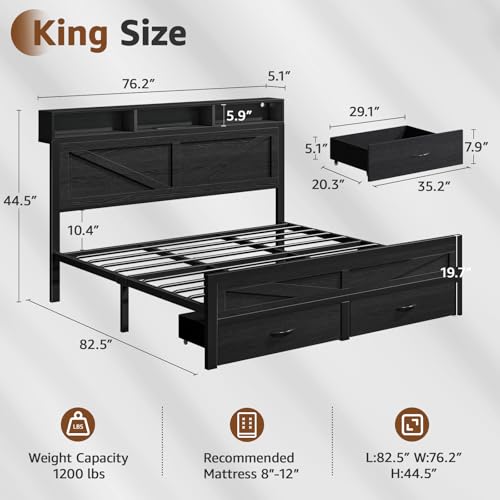 Rustic King Size Bed Frame with Storage Drawers, view 3
