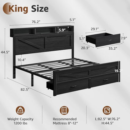 Rustic King Size Bed Frame with Storage Drawers, view 3