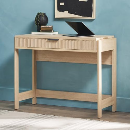 Transitional Style Furniture, Reeded Detail, Lift-Top Desk with Drawer and Storage Cubby, Sitting to Standing Desk, Soft Self-Close Desktop, 38 Inch, Coastal Oak