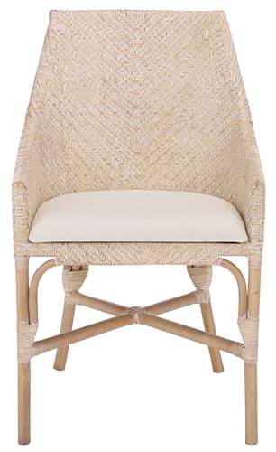 SAFAVIEH Home Collection – Rikan White Washed Rattan Arm Chair with Ivory Seat Cushion, Modern Curved Silhouette, Fully Assembled (ACH4907A)