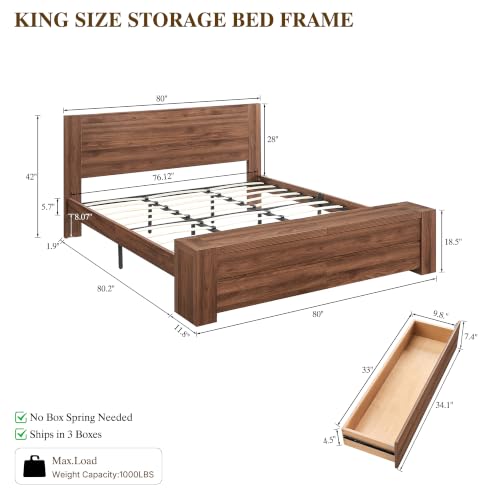 King Bed Frame with Headboard and Footboard Storage Bench,Light Walnut, view 3