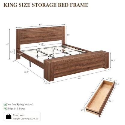 King Bed Frame with Headboard and Footboard Storage Bench,Light Walnut, view 3