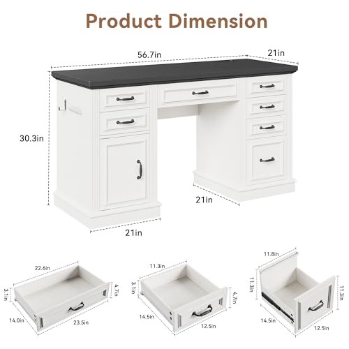 Farmhouse 57" Executive Desk with 7 Drawers, Home Office Desk with File Cabinet Storage, Computer Desk with Charging Station and Headphone Hook for Work, Study, Writing, White