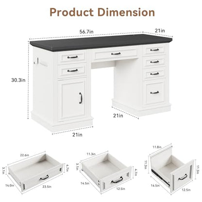 Farmhouse 57" Executive Desk with 7 Drawers, Home Office Desk with File Cabinet Storage, Computer Desk with Charging Station and Headphone Hook for Work, Study, Writing, White