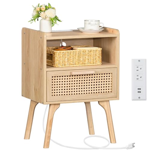 Boho rattan nightstand with charging station, drawer and open shelf, view 2