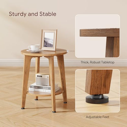Round Side Table, Small End Table, Nightstand Bedside Table with Tapered Legs, for Living Room, Rustic Walnut