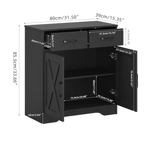Sideboard 2 Drawers 2 Doors Entryway Storage Cabinet Living Room Organizer Farmhouse Style Wooden Kitchen Cupboard (Black)