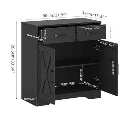 Sideboard 2 Drawers 2 Doors Entryway Storage Cabinet Living Room Organizer Farmhouse Style Wooden Kitchen Cupboard (Black)