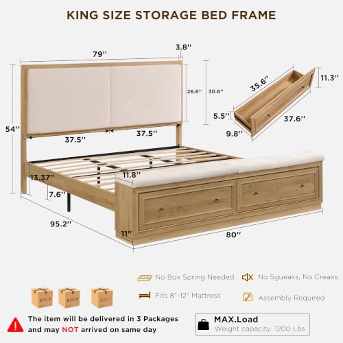 King Bed Frame w/Upholstered Headboard,Storage Bench,Natural Oak, view 3