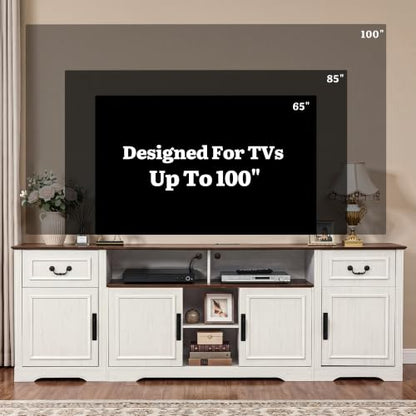 87" Farmhouse TV Stand with Power Outlet for 100" TV, White/Walnut, view 6