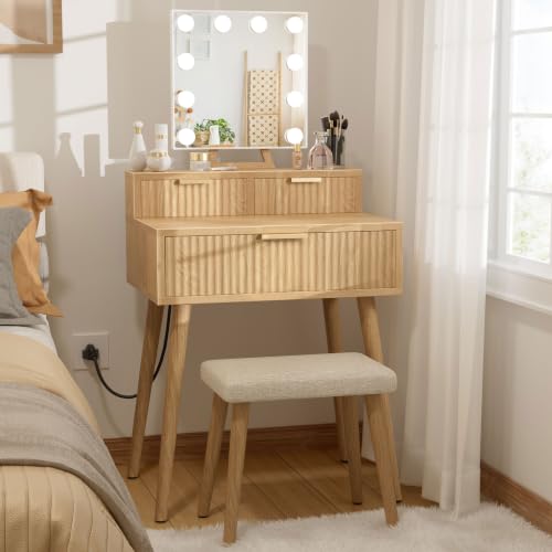 Small Vanity Desk with Hollywood Mirror and Lights, Girls Vanity with Stool, view 2