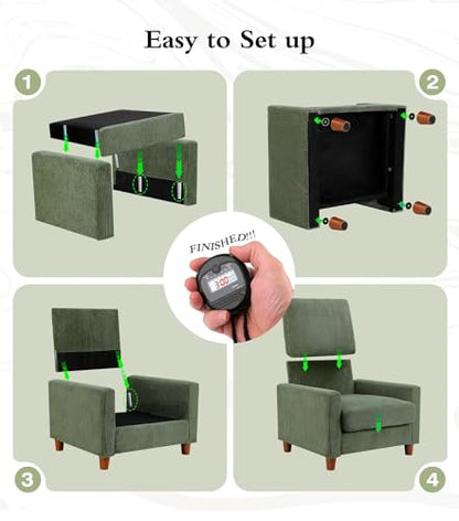 35.5in Corduroy Sofa Accent Chair, Tool-Free Setup Living Room Couch Accent Chairs, Reading Chair for Bedroom 22.5in Extra Deep Seats, Comfy Arm Chairs for Office, All-Wood Reading Nook Green
