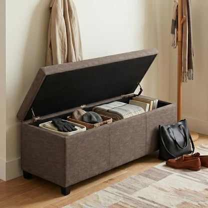 Avalon Storage Ottoman Bench - 48" Wide x 16" High Upholstered Linen Look Fabric Rectangular Lift-Top Ottoman in Fawn Brown, Contemporary Bench for Living Room with High-Density Foam