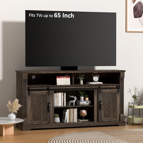 Farmhouse TV Stand for 65+ Inch TV, 31" Tall Entertainment Center with Adjustable Shelf, Rustic Media Console with Sliding Barn Door, Wood Television Stand for Living Room, Dark Rustic Oak