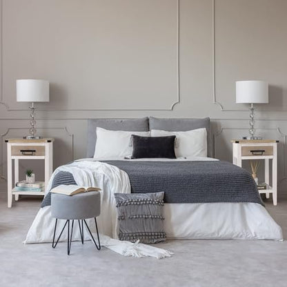 Farmhouse Bedside Table Set of 2, Rustic Nightstand with Drawers and Open Shelf, Side Table End Tables for Bedroom/Living Room/Lounge (Vintage White)