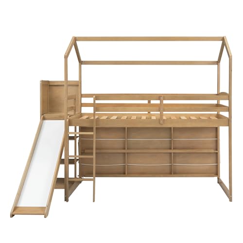 JIVOIT Twin Size Wood House Loft Bed with Slide, Storage Shelves and Light, 3 Beds in 1 Design House Bed with Bookshelf and Full-Length Guardrail, Built-in Ladder and Staircase (Wood Color-Light)