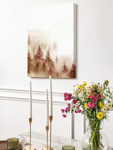 NuYeBiofx Misty Forest Retro Brown Tree Canvas Wall Art Prints,40"x28" Framed Picture Artwork Minimalist Style Printed Canvas Oil Painting for Living Room Bedroom Office,Ready to Hang