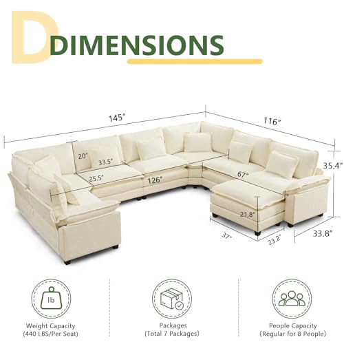 Oversized Modular Sectional Sofa Set, Convertible Deep Seat Cloud Couch with Ottoman, Large U Shaped Corner Couch with Throw Pillows for Living Room (Beige, 8 Seater)