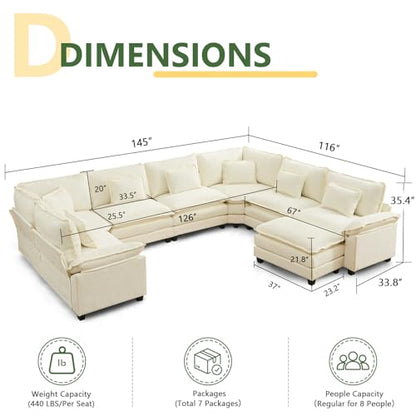 Oversized Modular Sectional Sofa Set, Convertible Deep Seat Cloud Couch with Ottoman, Large U Shaped Corner Couch with Throw Pillows for Living Room (Beige, 8 Seater)