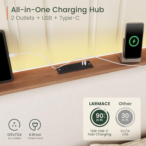 Queen Size Bed Frame with LED Lights and Charging Station Linen Upholstered, view 5