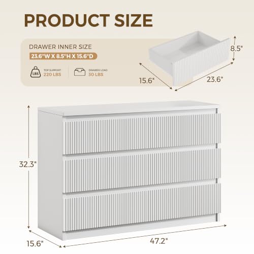 6 Drawer Fluted Dresser, Modern Chest of Drawers for Bedroom with Hidden Handles, view 3