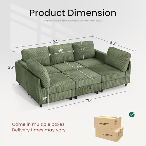 Modular 83'' 6 Seater Sofa Bed - Sectional Sofa with Storage Ottoman, Convertible U/L -Shaped Sleeper Couch for Living Room, Modern Reversible Design, Green