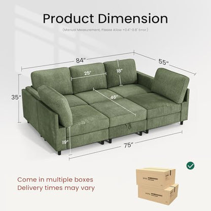 Modular 83'' 6 Seater Sofa Bed - Sectional Sofa with Storage Ottoman, Convertible U/L -Shaped Sleeper Couch for Living Room, Modern Reversible Design, Green