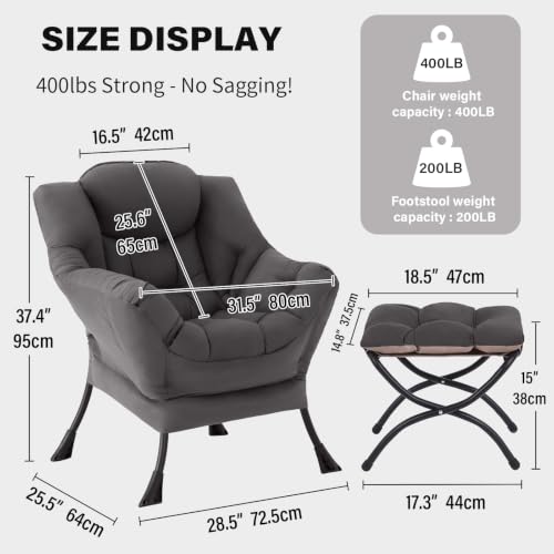 Lazy Chair with Ottoman, Comfy Reading Accent Chair, Dark Grey, view 4