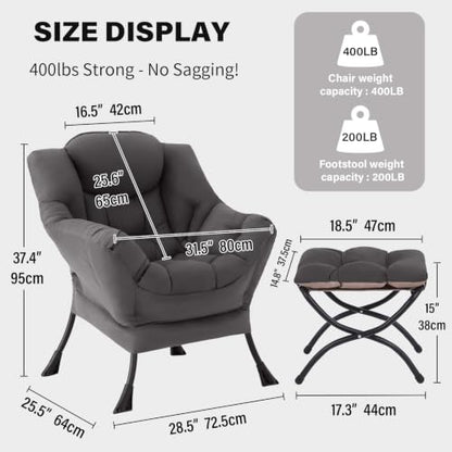 Lazy Chair with Ottoman, Comfy Reading Accent Chair, Dark Grey, view 4