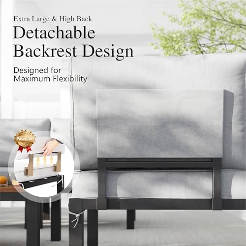 6 Pieces Patio Furniture Set with Cushion, Metal Outdoor Sectional Sofa, Patio Conversation Sets with Wood Side Table, Modular Outdoor Seating Furniture for Backyard Deck Front Porch