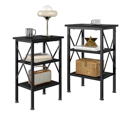 End Table Set of 2, Bedside Table, 24" Tall Living Room End Tables, X-Design Reinforced Nightstands, Side Table with 3-Tier Storage Shelves for Small Spaces, Office, Bedroom, Classic Black