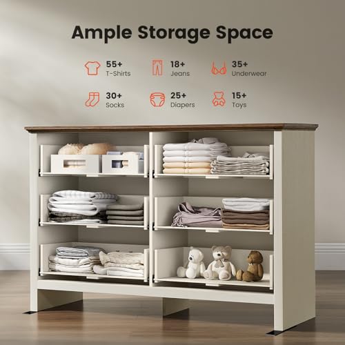 Amada Farmhouse 6 Drawer Dresser for Bedroom, 47.2 Inch Wide Wood Dresser with Natural Texture, Large Drawers, Rustic Farmhouse Chest of Drawers for Bedroom, Living Room, Hallway, Brown & White
