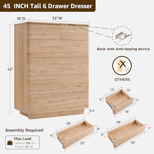 6 Drawer Dresser for Bedroom, 42 Inch Tall Modern Chest of Drawers, view 3