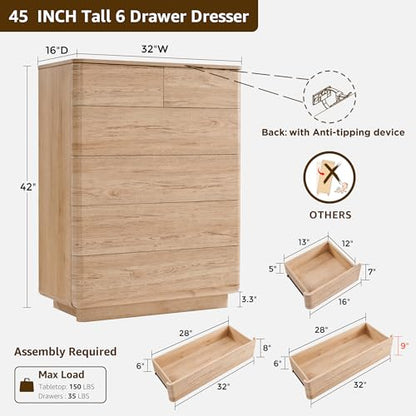 6 Drawer Dresser for Bedroom, 42 Inch Tall Modern Chest of Drawers, view 3