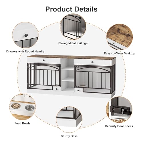 Dog Crate Furniture for 2 Dogs, Dog Kennel Indoor with Storage and Feeding Bowls, view 7