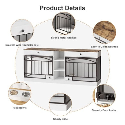 Dog Crate Furniture for 2 Dogs, Dog Kennel Indoor with Storage and Feeding Bowls, view 7