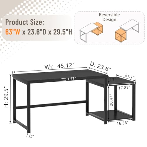 Large Home Office Desk, Black Computer Desk with Storage Shelves, Modern Wood Writing Study Gaming Table for Bedroom Living Room, 63 Inch