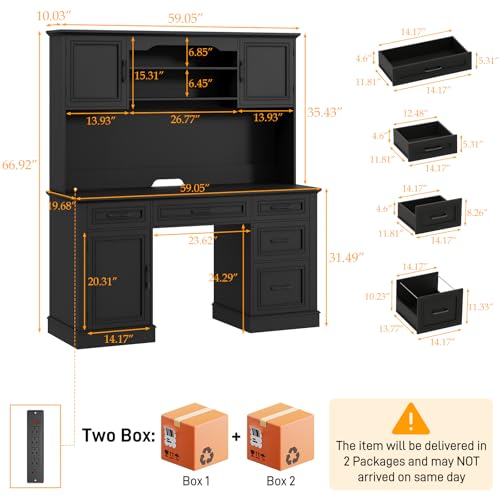 Executive Desk with 5 Drawers, Pure Black, view 3