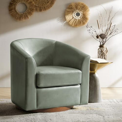 Genuine Leather Swivel Barrel Chair, Round Swivel Accent Chair with Solid Wood Base, No Assembly Required, Sage