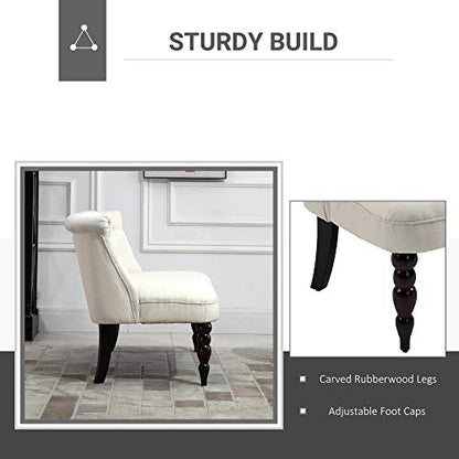 Fabric Loveseat with Wood Legs, Buton Tufted Settee, Cream White | Upholstered, Armless, Living Room