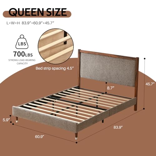 Queen Size Upholstered Platform Bed Frame with Wood Trim Headboard, view 3