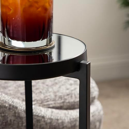 Aguilar Modern Mirrored Round Drink Table; 9 x 9 x 23; Black; Metal Accent Table with Mirrored Tabletop and for Use as Small Plant Stand