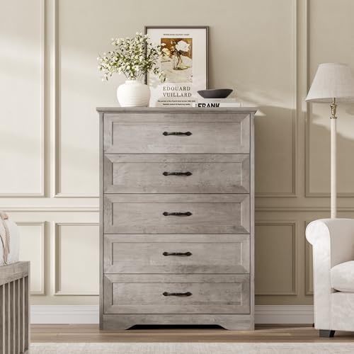 Farmhouse Wood 43.9" Tall 5 Drawer Dresser for Bedroom, Grey, view 4