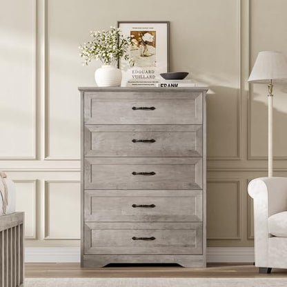 Farmhouse Wood 43.9" Tall 5 Drawer Dresser for Bedroom, Grey, view 4